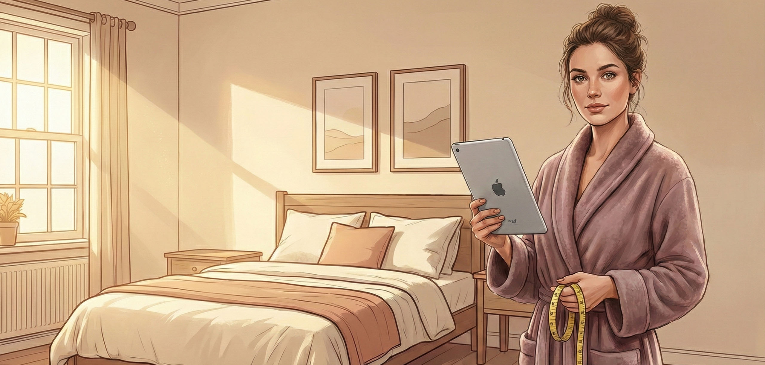 Mujer en su habitación con una cinta métrica para participar en un estudio sobre el tamaño corporal