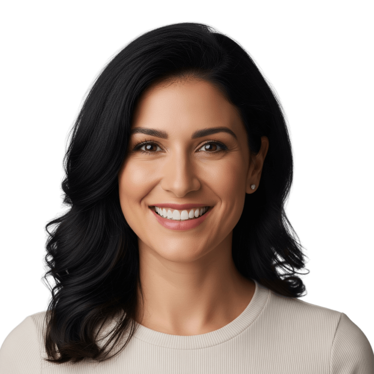 Mujer sonriente invitando a participar en nuestras encuestas en línea