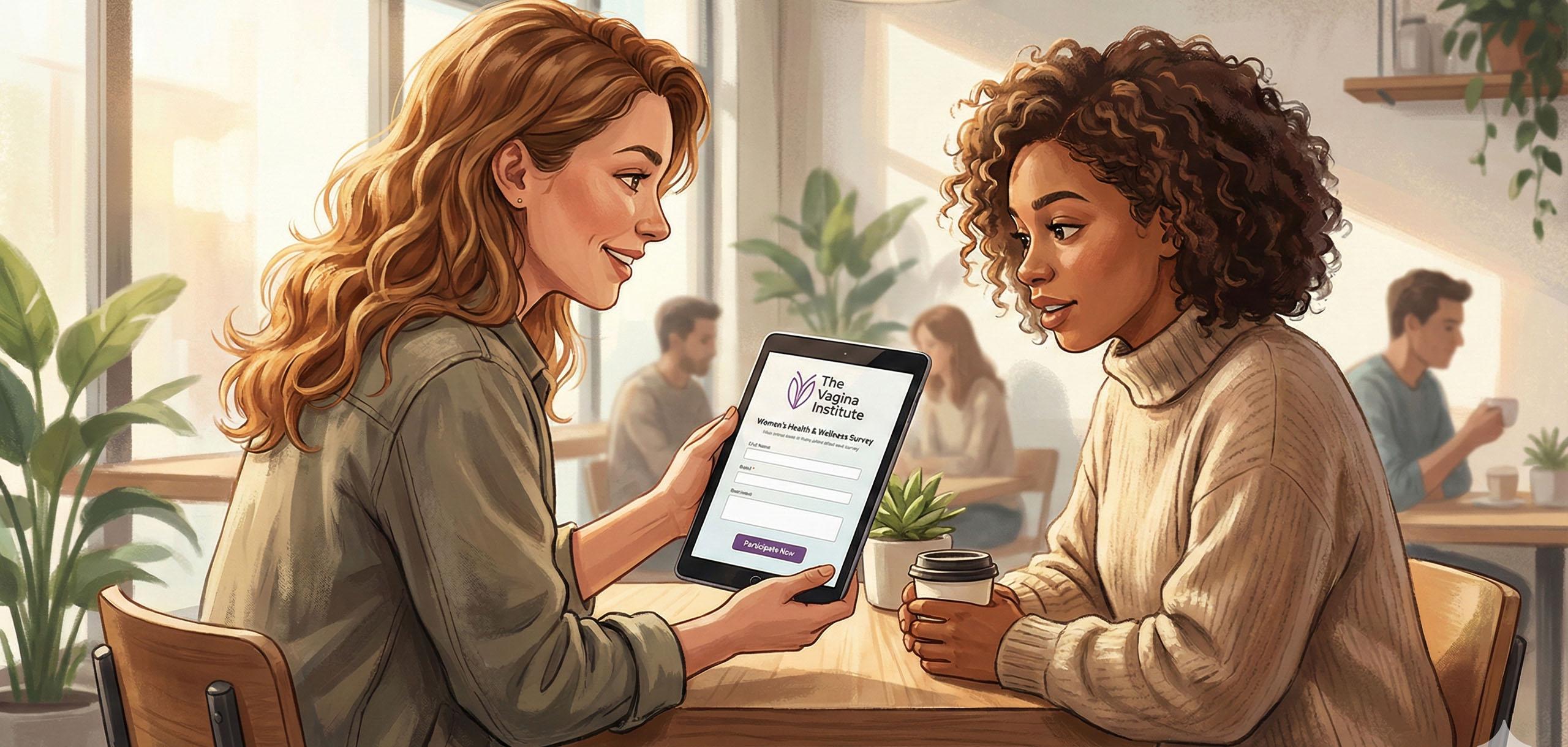 Mujer mostrando un formulario de encuesta en un ipad a otra mujer para participar