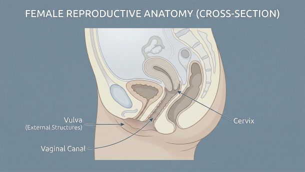 Diagrama educativo que muestra la anatomía vaginal y vulvar con estructuras etiquetadas